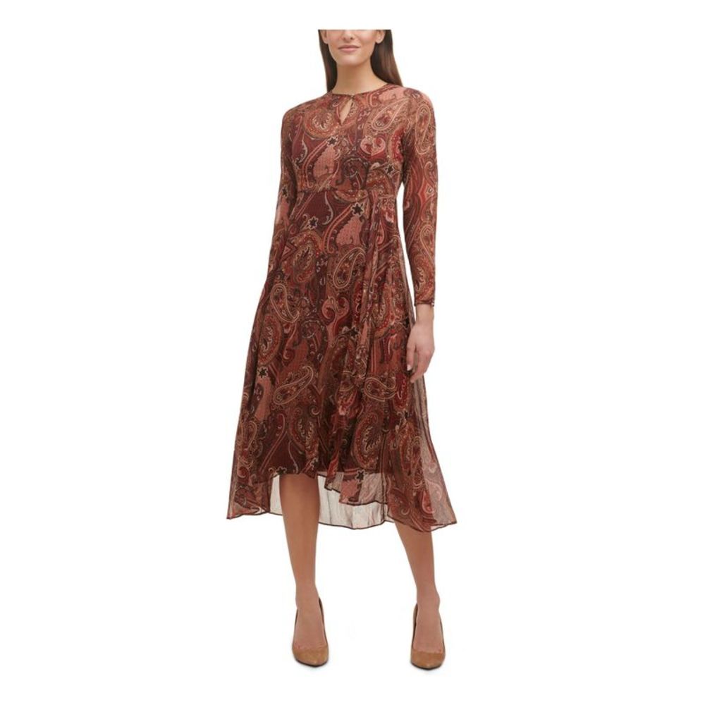 TOMMY HILFIGER Womens Brown Chiffon Lined Long Sleeve Midi Hi-Lo Dress 12